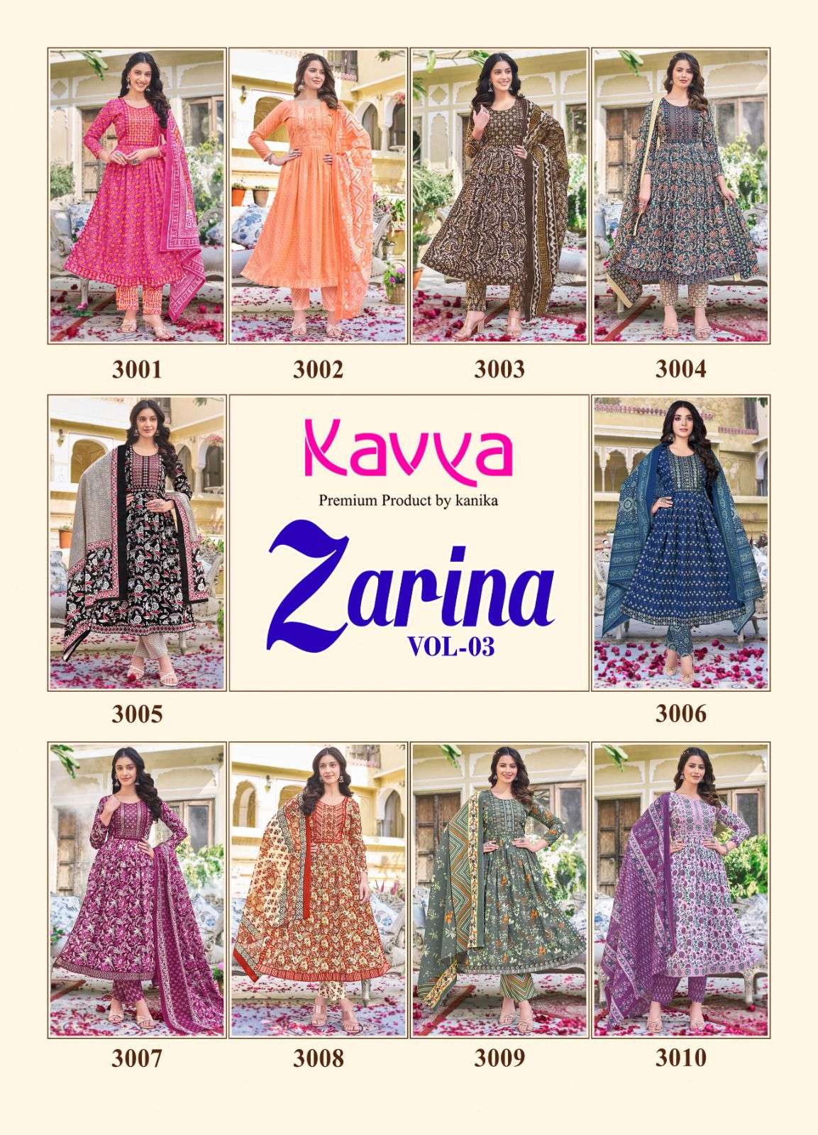 ZARINA VOL 3 MAL COTTON +EMBRODERYWORK KURTI WITH COTTON PANT AND MAL DUPATTA BY KAVYA BRAND INDEX